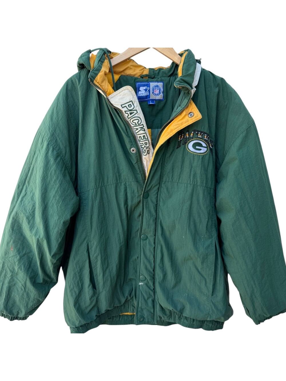 Starter Green Bay Packers Jacket Mens Large Green Hooded NFL Vintage